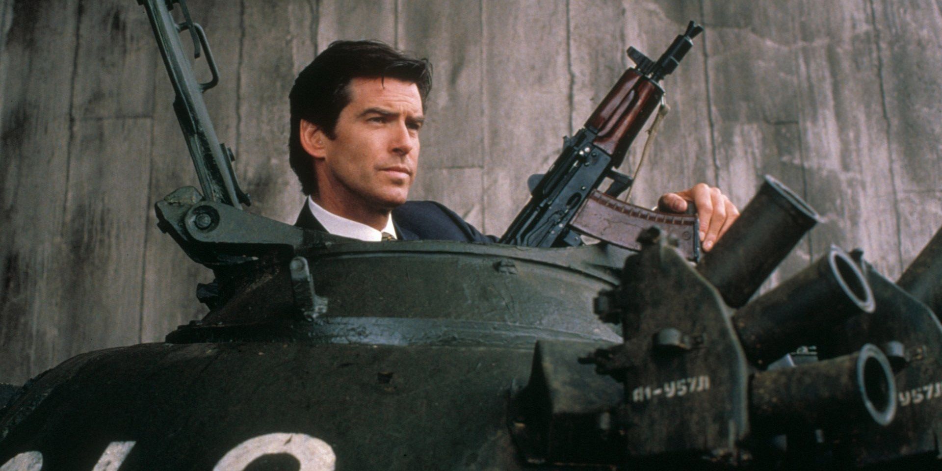 Pierce Brosnan as Bond driving a tank in GoldenEye