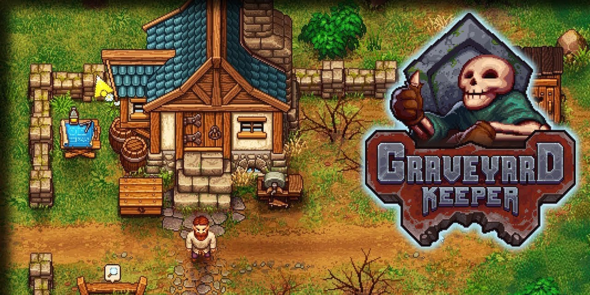 Image of player outside of a small house in Graveyard Keeper with the game's logo to the side.