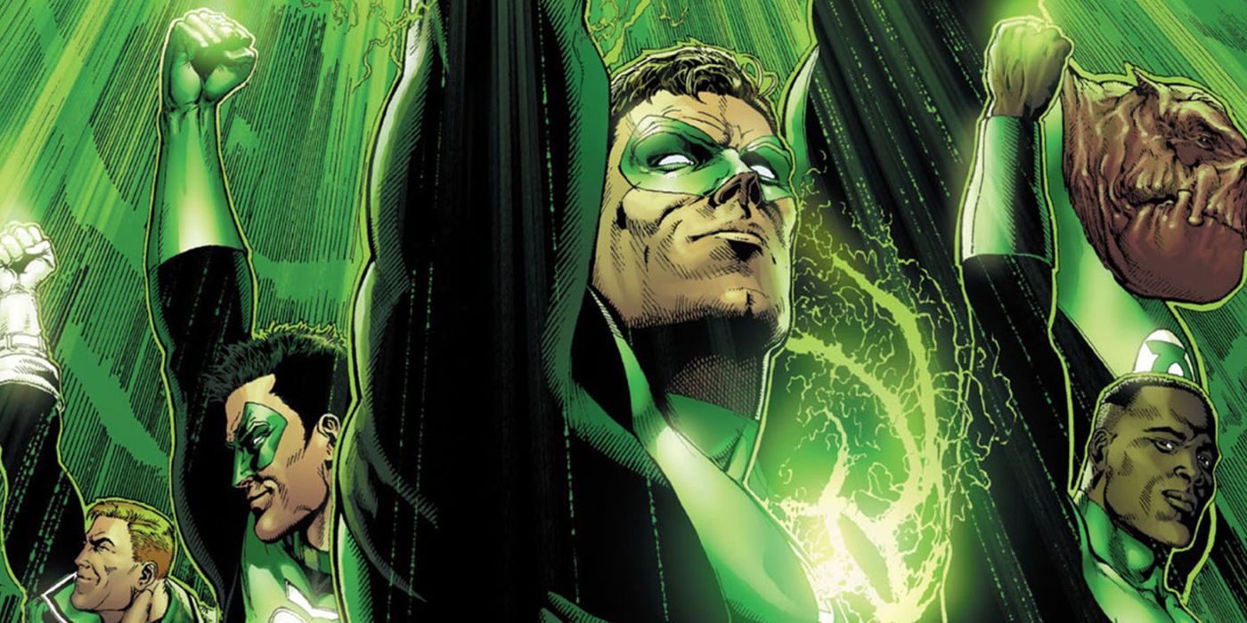 A Tropa dos Lanternas Verdes elevando seus anéis de poder nos quadrinhos da DC.