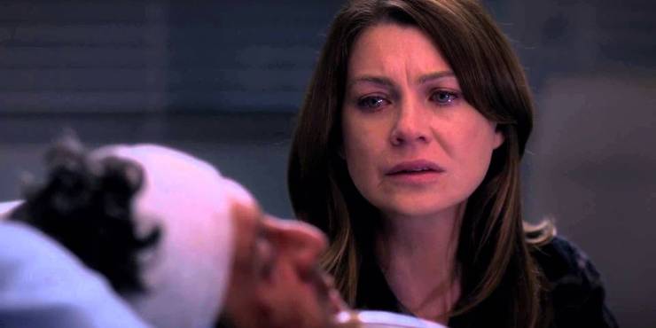 Meredith (Ellen Pompeo) mourning Derek's death in Grey's Anatomy.'s death in "Grey's Anatomy."