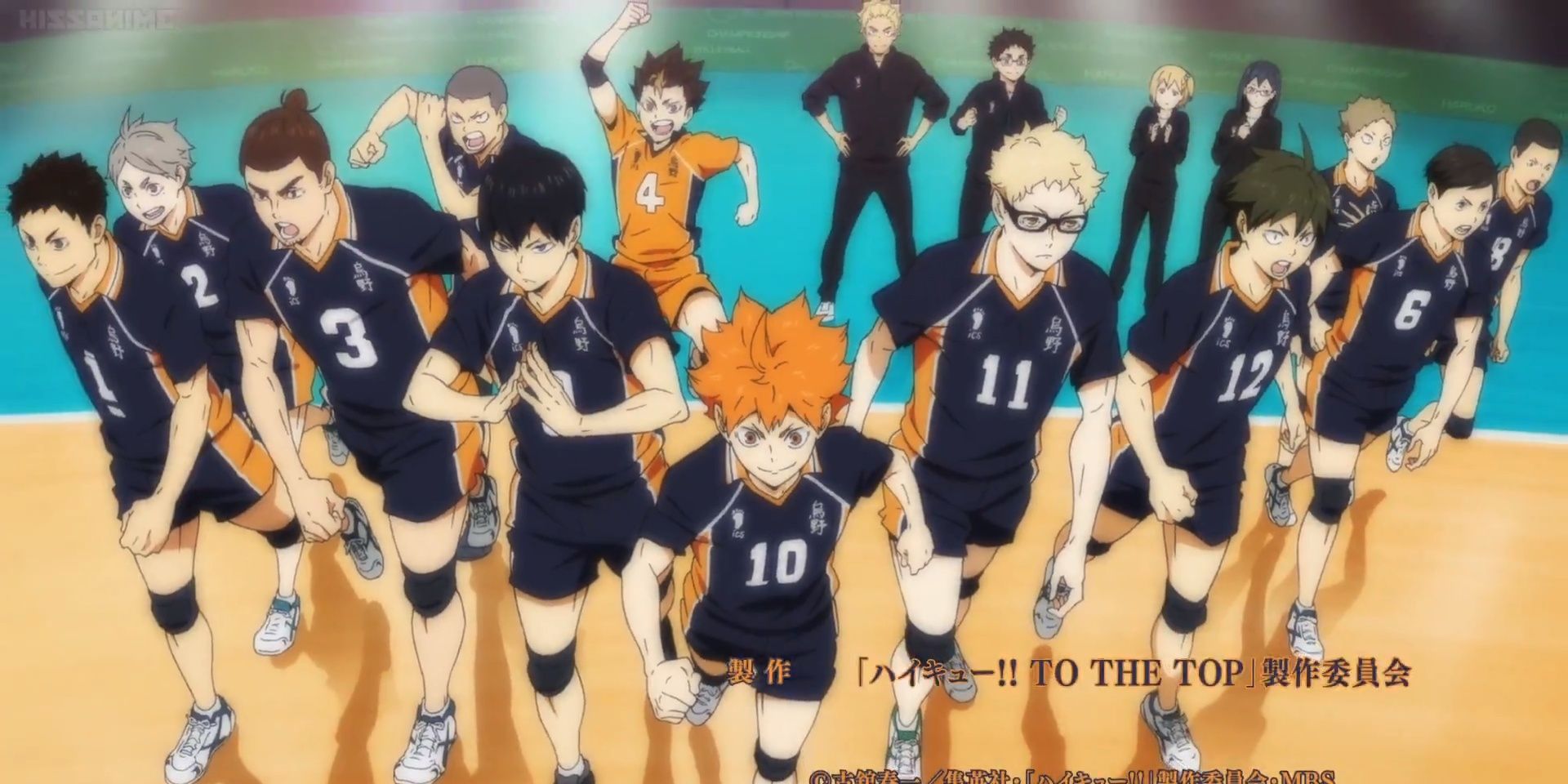 The Karasuno High volleyball team determinedly entering the court in Haikyuu!!