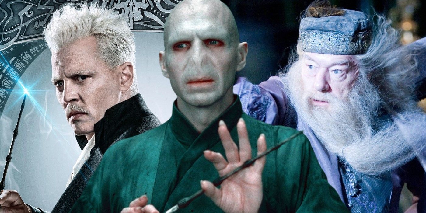 Elder wand owners Grindewald, Voldemort, and Dumbledore in the Harry Potter movies