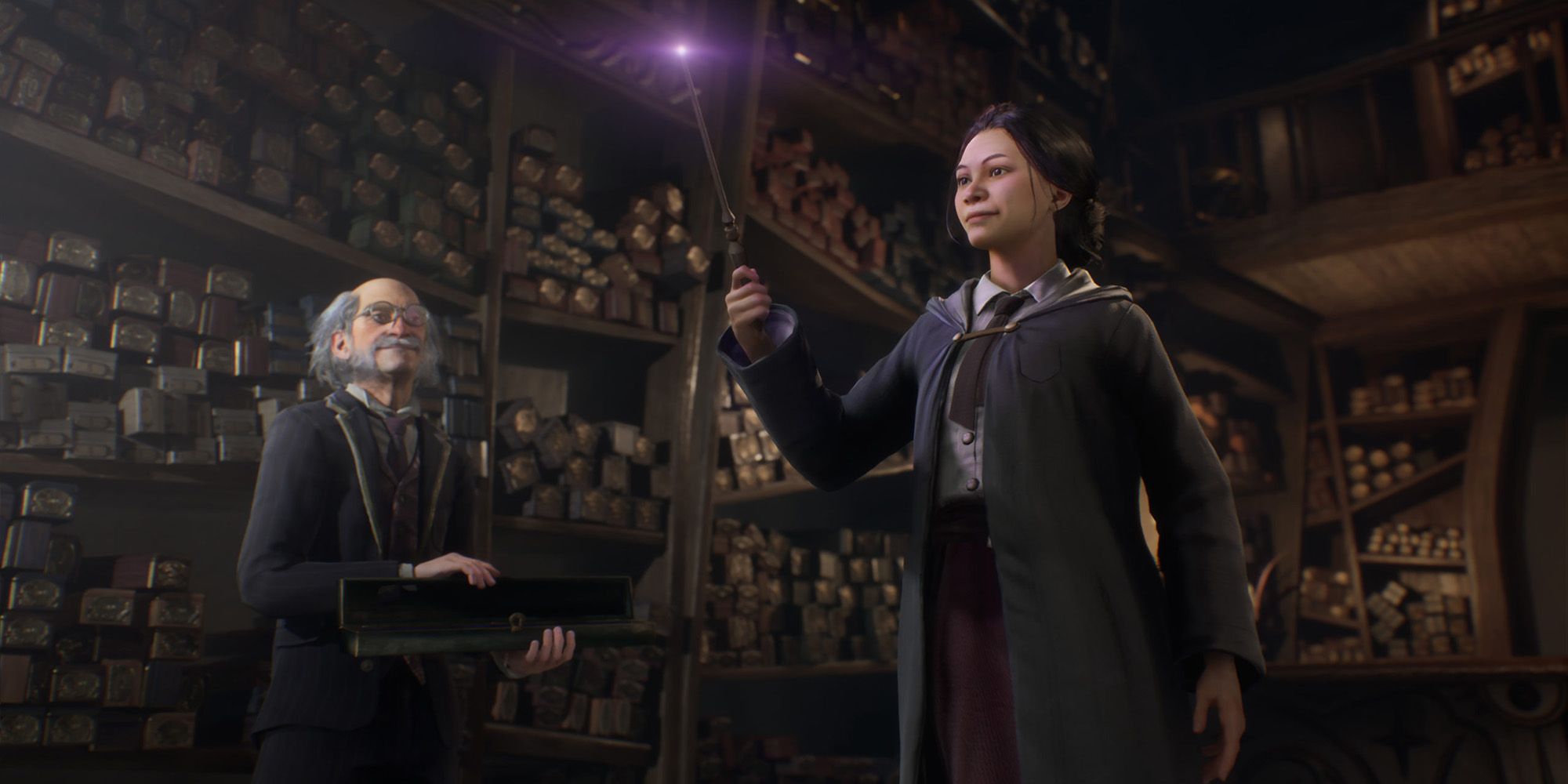 Um personagem do Legado de Hogwarts na loja de varinhas de Ollivander com Ollivander observando enquanto eles escolhem