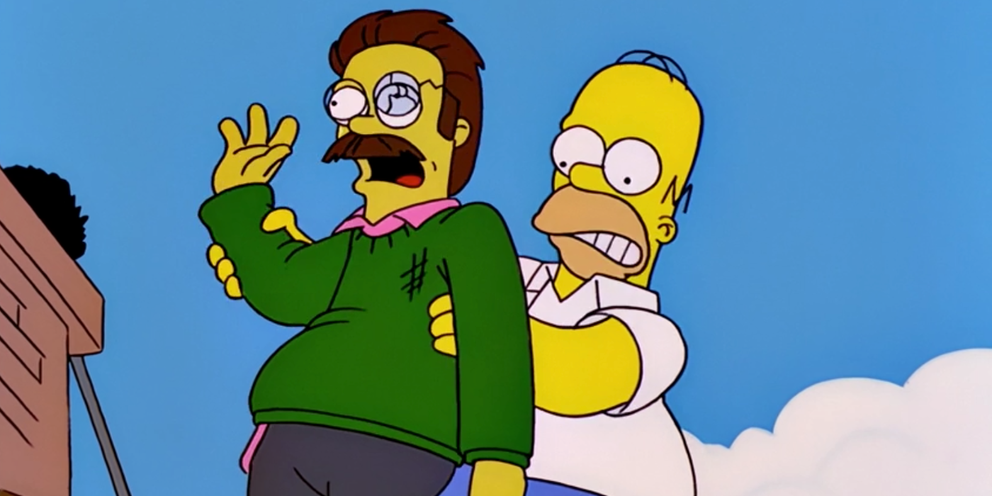 Homer holding up Ned's dead body in The Simpsons