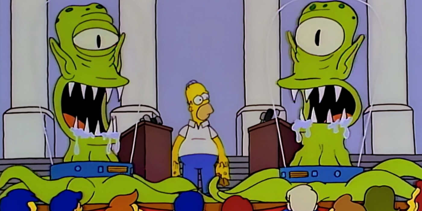 Kang and Kodos salivate as Homer stands between them in The Simpsons.