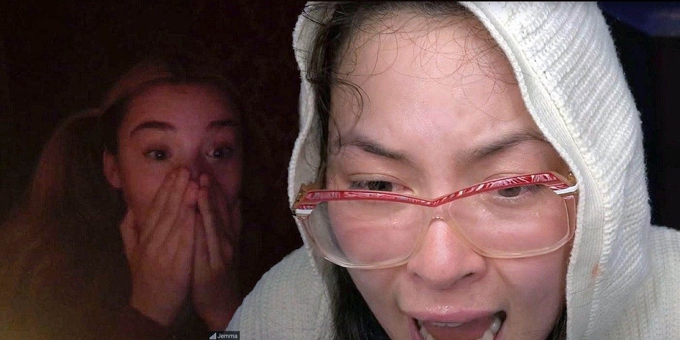 Two women screaming in front of webcam in Host