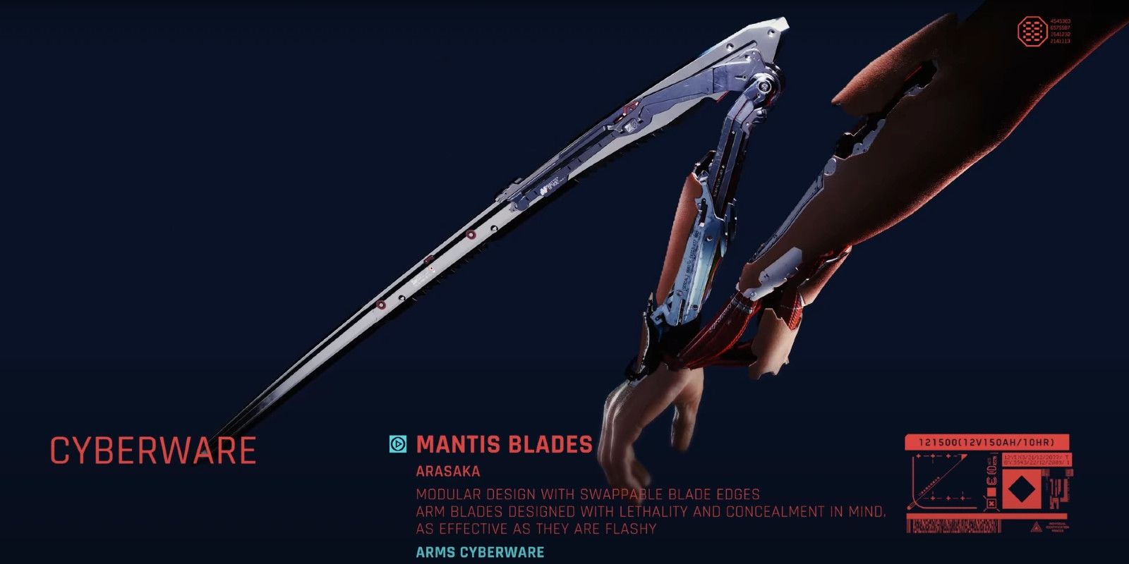 Informative screen for the Mantis Blades cyberware in Cyberpunk 2077. Manufactured by Arasaka, the Mantis Blades description reads, "Modular design with swappable blade edges. Arm blades designed with lethality and concealment in mind. As effective as they are flashy."