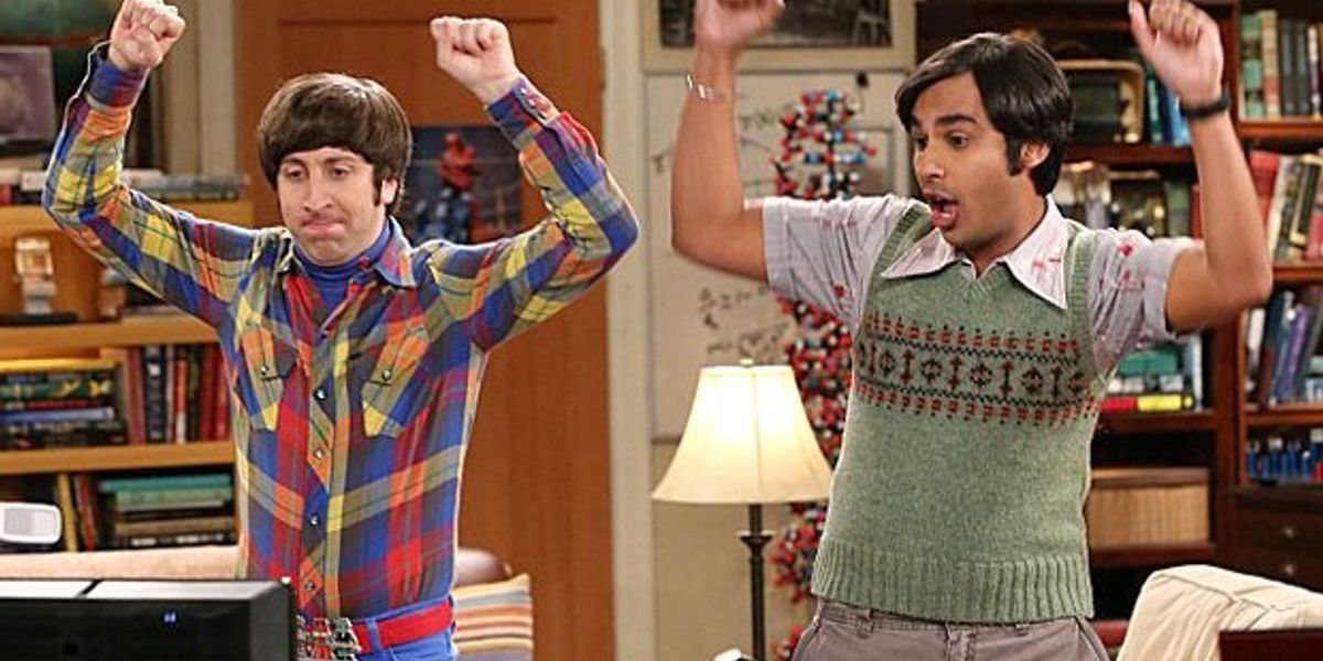 Howard and Raj dancing at Leonard's apartment in The Big Bang Theory
