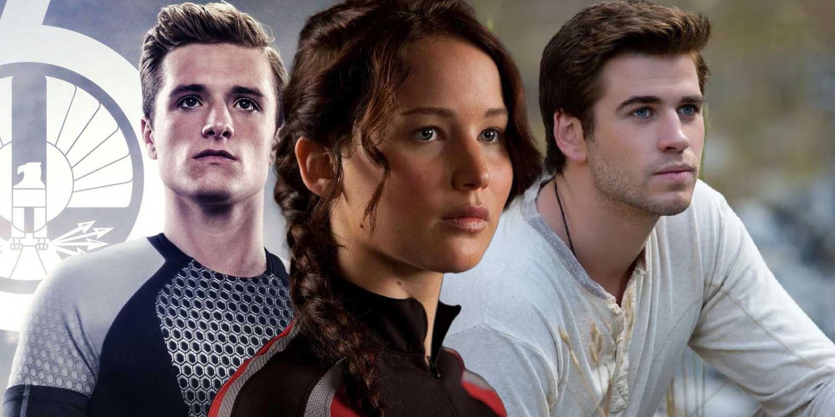 A blended image features Peeta, Katniss, and Gale in The Hunger Games franchise.