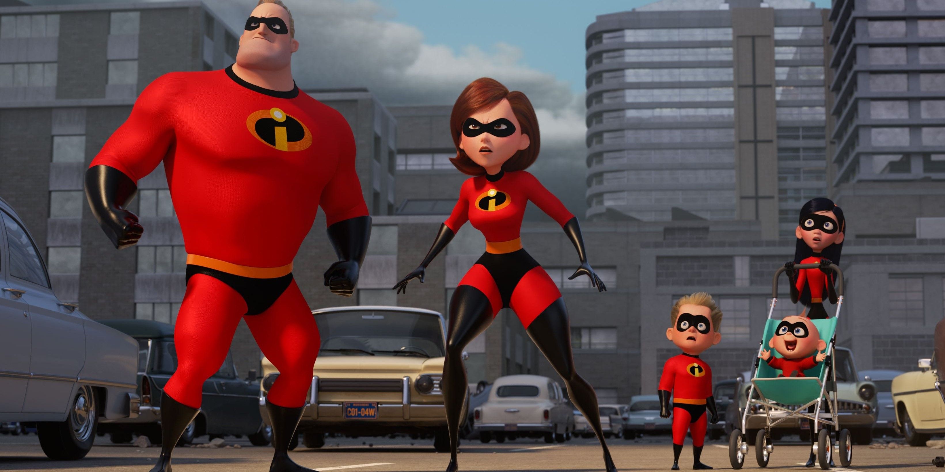 Mr. and Mrs. Incredible stand with Dash and Violet behind them in Incredibles 2