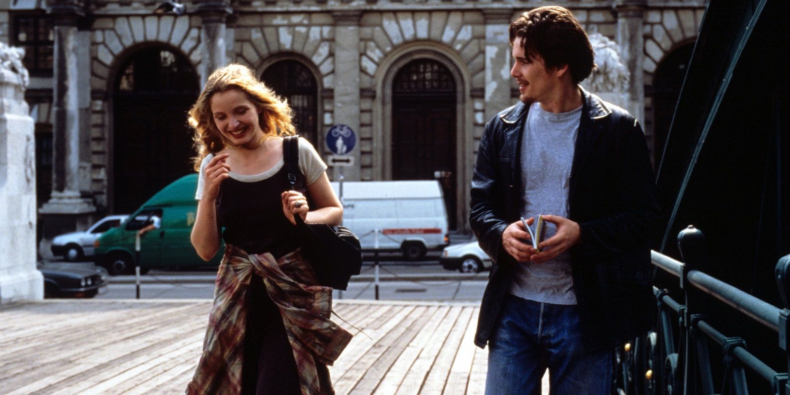 Jesse and Celine walking and laughing in Before Sunrise.