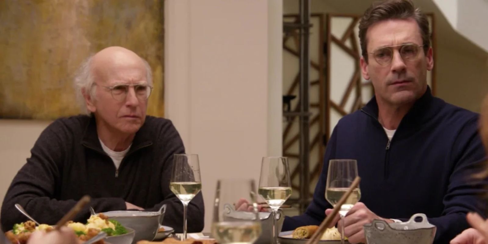 Jon Hamm has dinner with Larry and his friends in Curb Your Enthusiasm