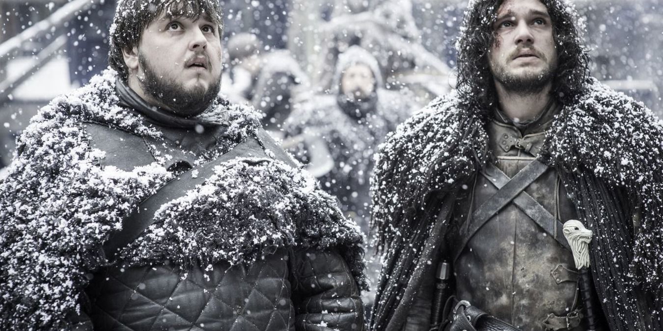 Jon and Sam together in the snow in Game of Thrones