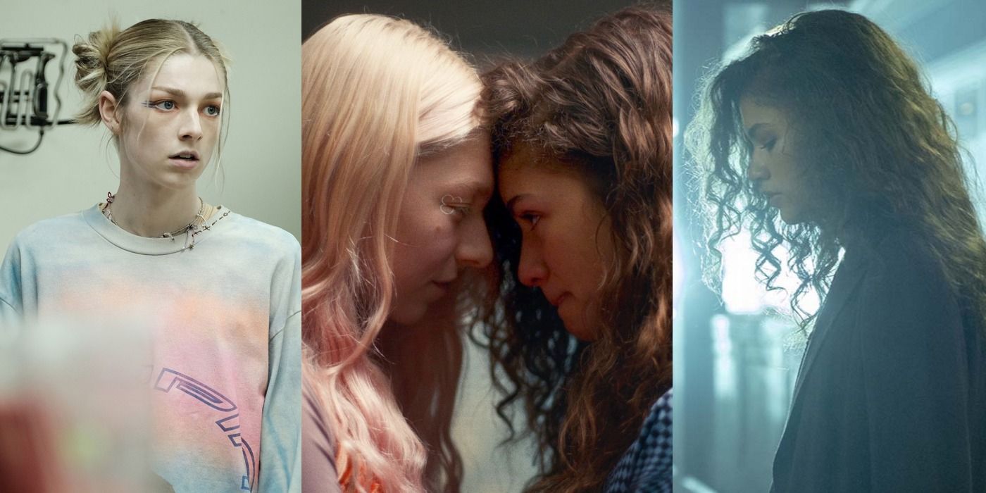 Three images showing Jules Vaughn and Rue Bennett in Euphoria.