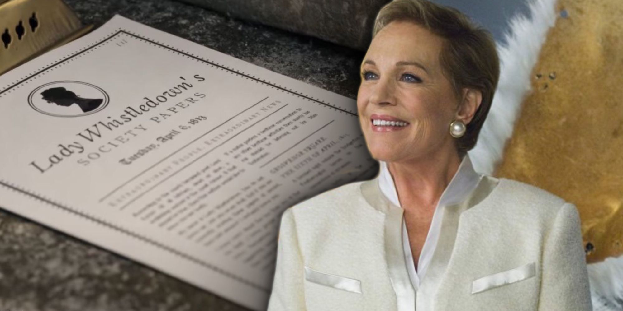 An image of Julie Andrews superimposed on Lady Whistledown's letter in Bridgerton.