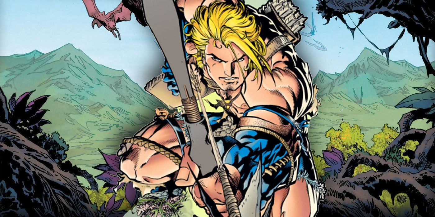Ka-Zar jumps forward and shoots from his bow in the Marvel comics