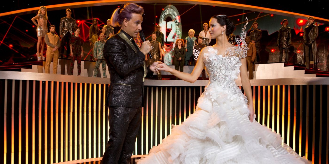 Katniss wearing a wedding dress for her interview in The Hunger Games: Catching Fire