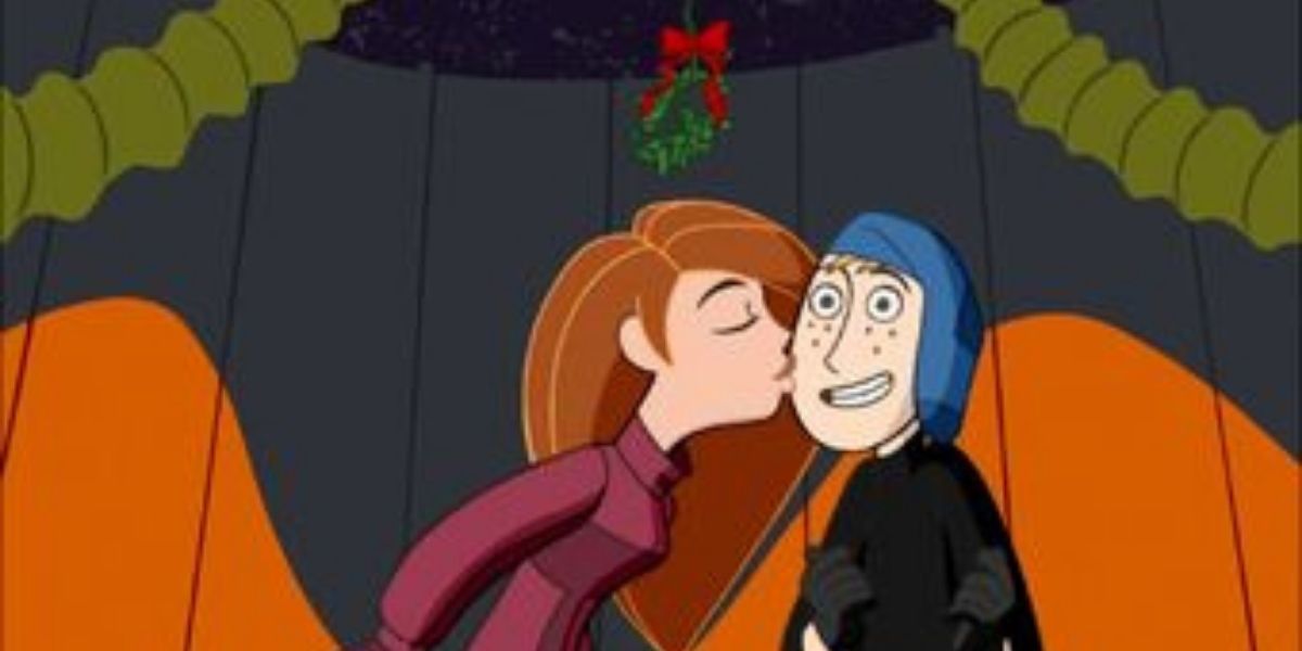 Kim Possible kissing Ron Stoppable's cheek under the misteltoe