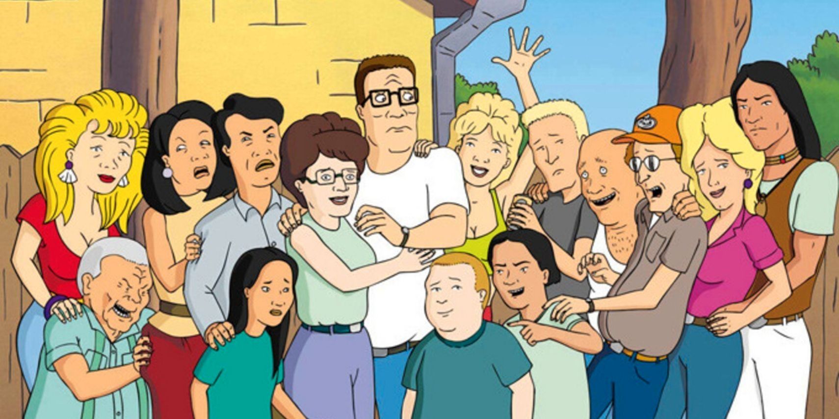The cast of King of the Hill together at the fence