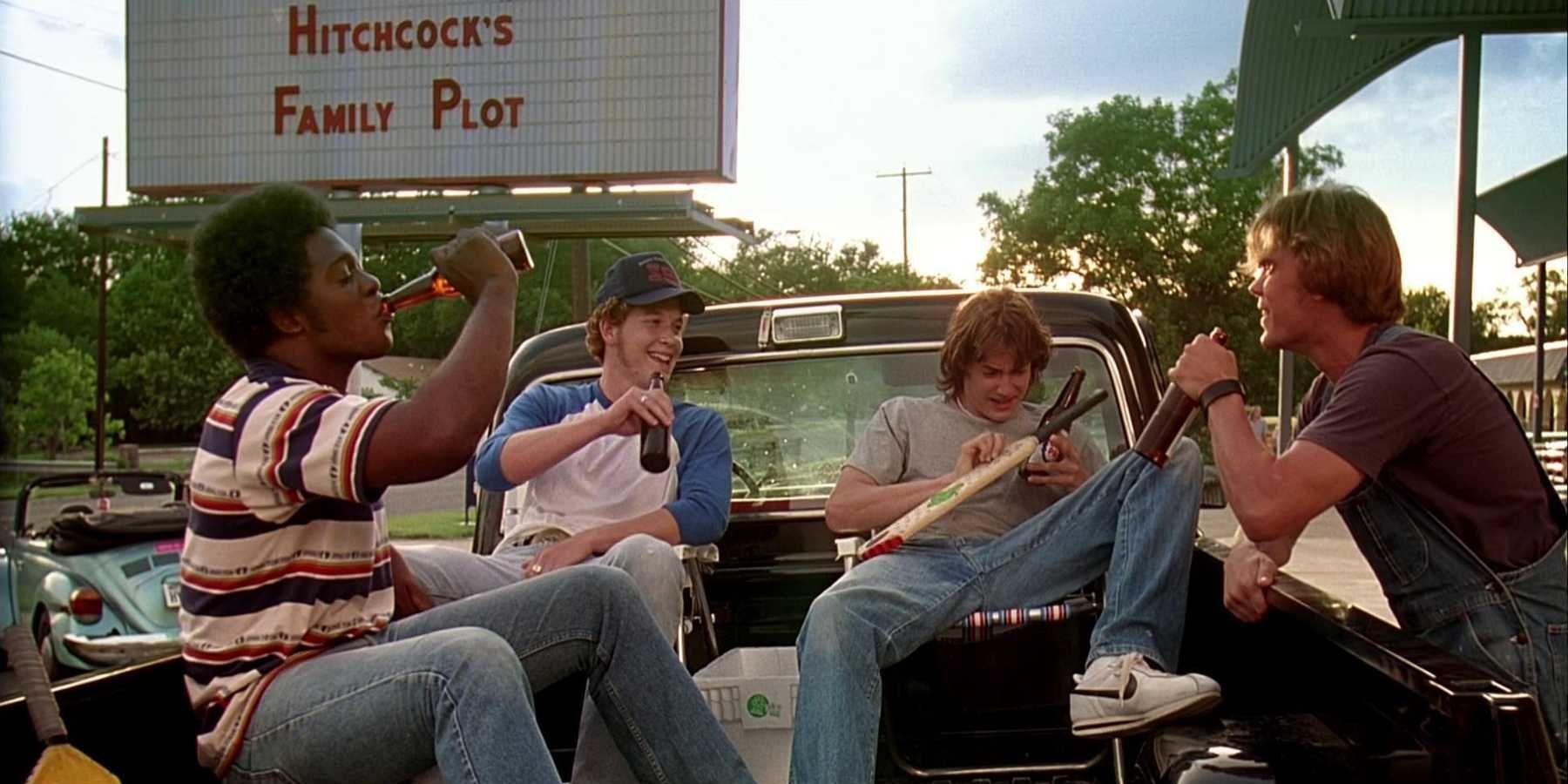 Teenage boys drink beer in a truck in Richard Linklater's Dazed and Confused
