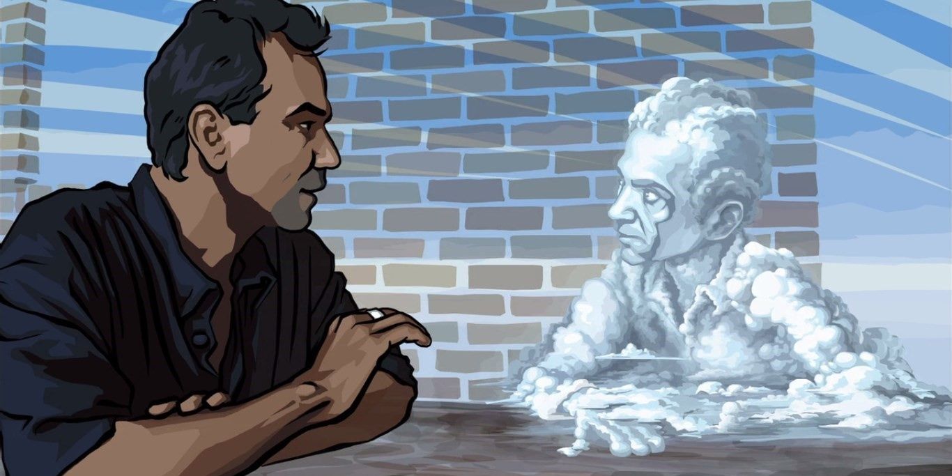 The main character talks to a dream figure in Waking Life