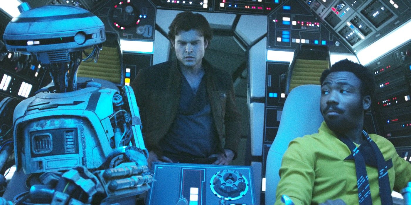Han Solo, Lando Calrissian, and L3-37 aboard the Millennium Falcon in Solo: A Star Wars Story