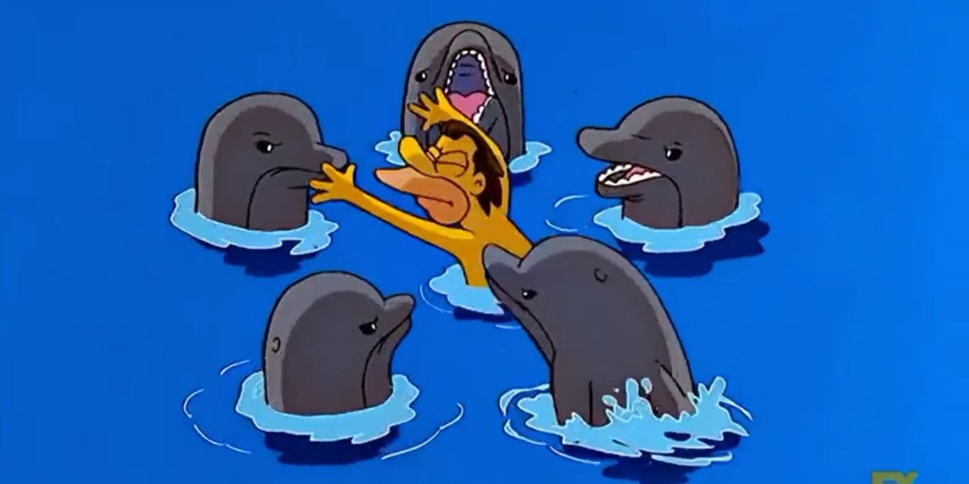 Lenny sendo atacado por golfinhos em Os Simpsons