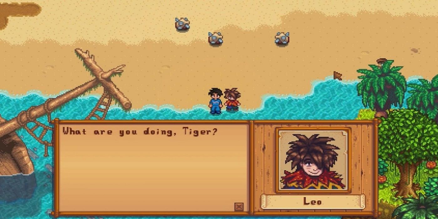 Leo talking with player character on Ginger Island in Stardew Valley. Leo's text box reads, "What are you doing, Tiger?"