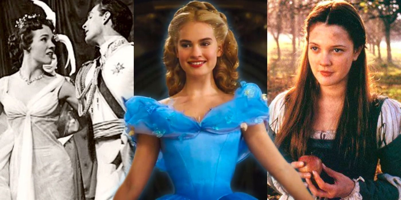 A split image depicts Julie Andrews, Lily James, and Drew Barrymore as live action versions of Cinderella