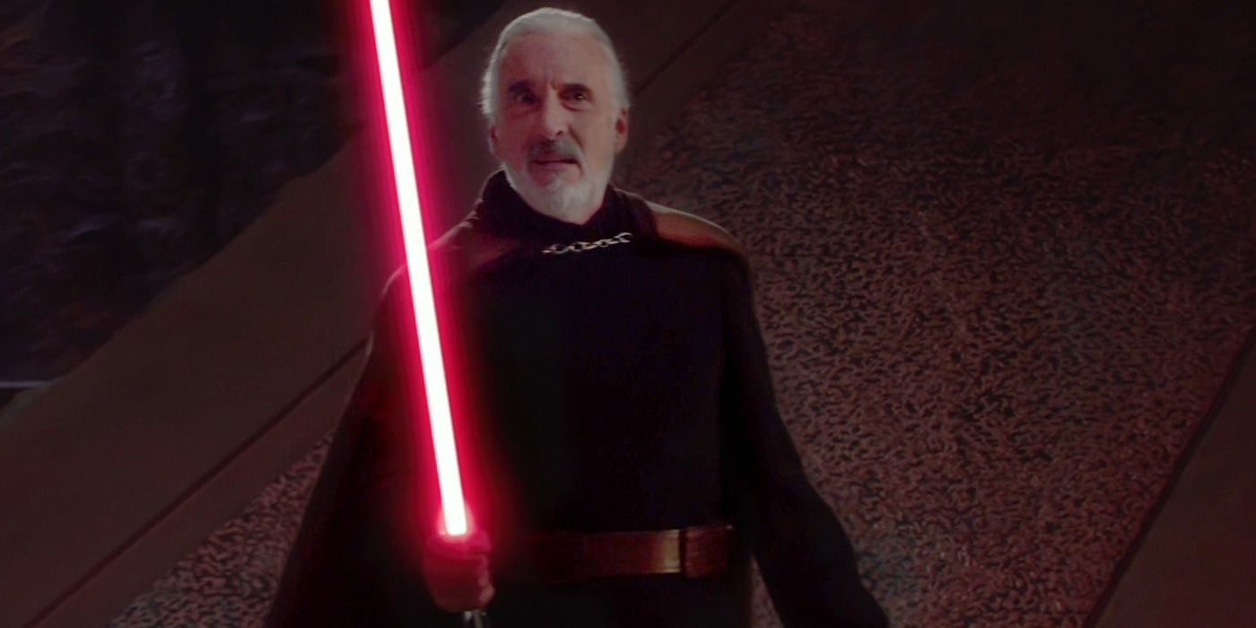 Count Dooku with his curved-hilt lightsaber in Attack of the Clones