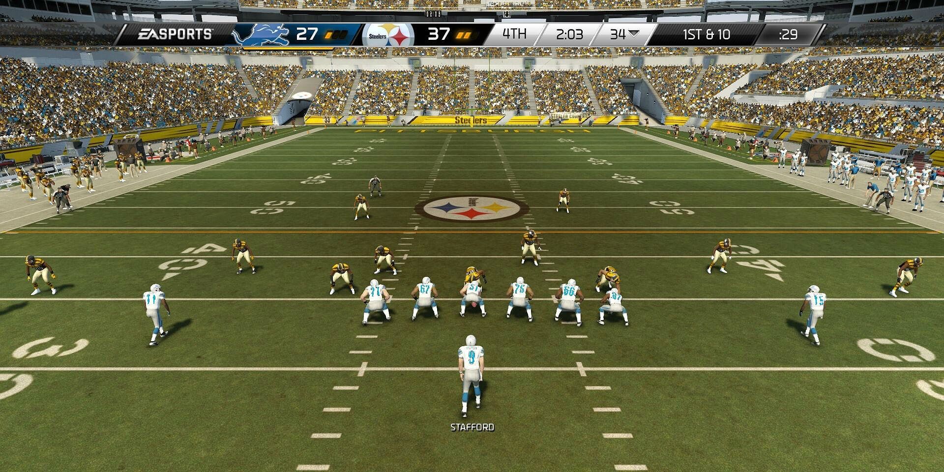 High camera angle of a Madden NFL 25 starting lineup on the field.