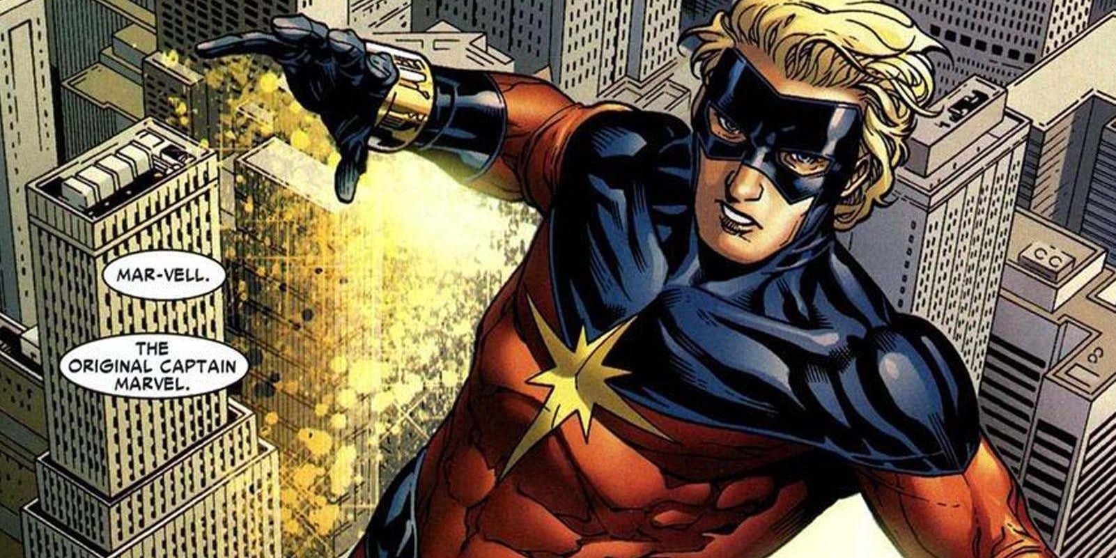 Mar-Vell flying over a city in Marvel comics