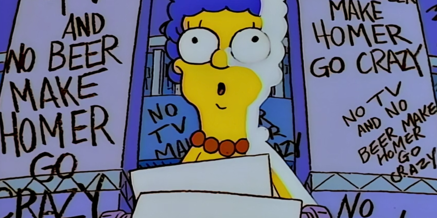 Marge em choque depois de ler máquina de escrever em Os Simpsons