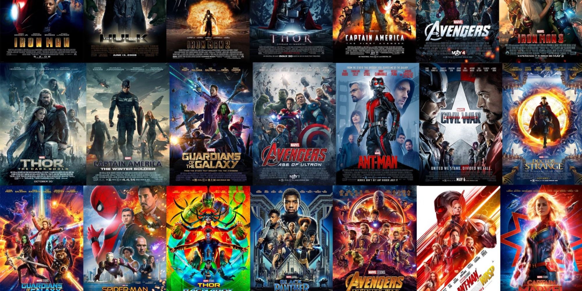 Combined posters of all MCU films Iron Man, Captain America, Thor, Guardians of the Galaxy, Ant-Man