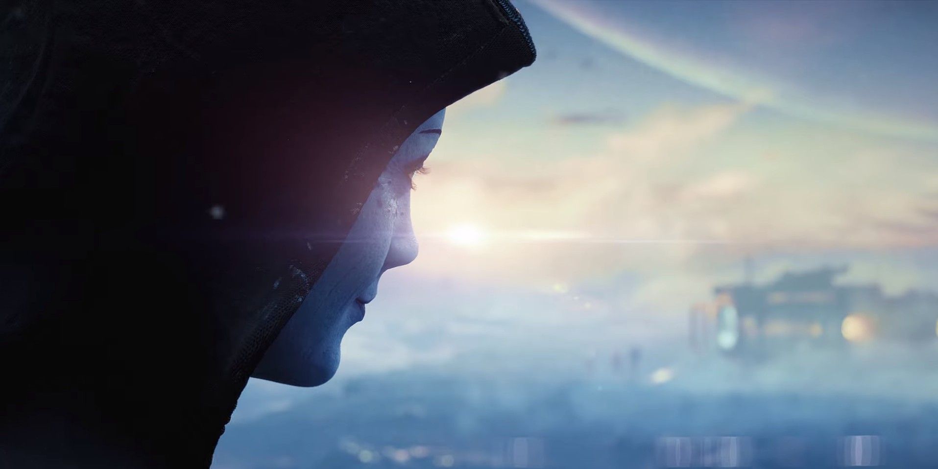 An image of Liara T'soni in a hood from a teaser trailer for Mass Effect 4
