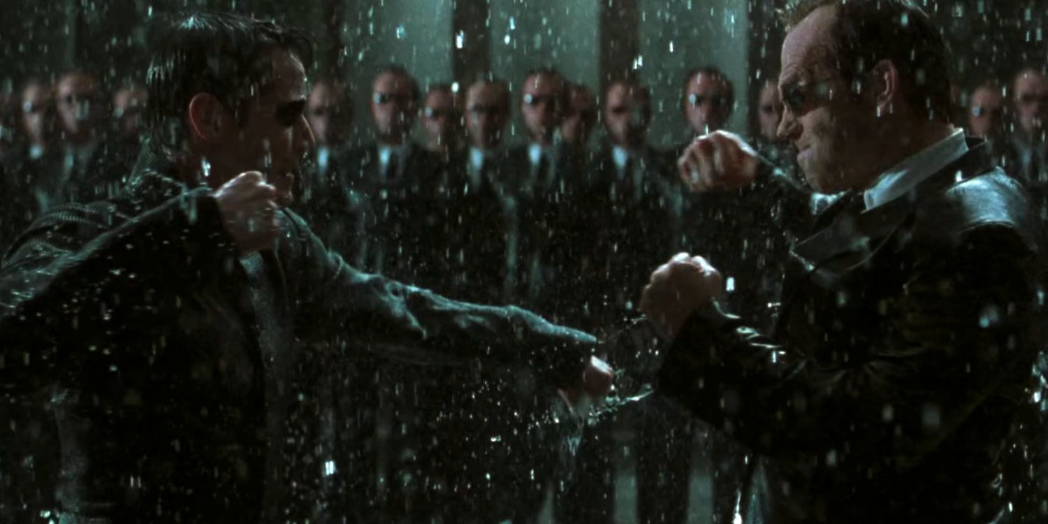 Agent Smith fighting Neo in the rain in The Matrix Revolutions