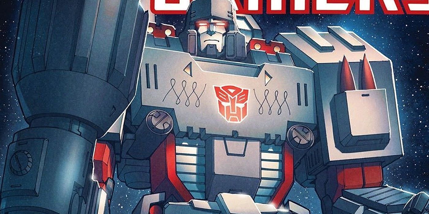Megatron looks on from the cover of Transformers comics 