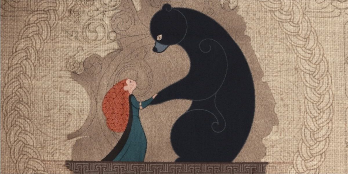 Merida with her bear mom in a tapestry in Brave