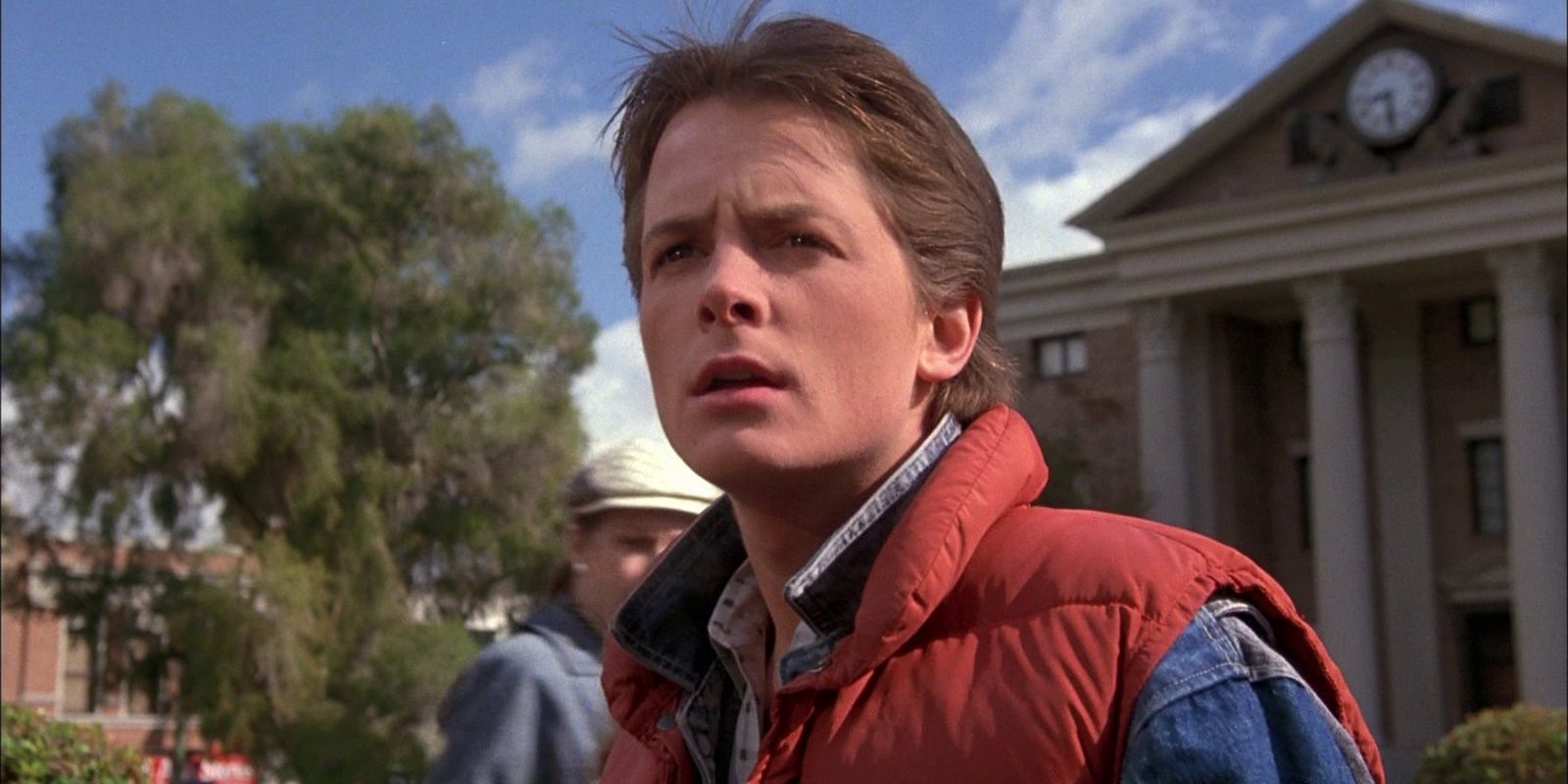 Michael J Fox in the middle of Hill Valley in Back to the Future