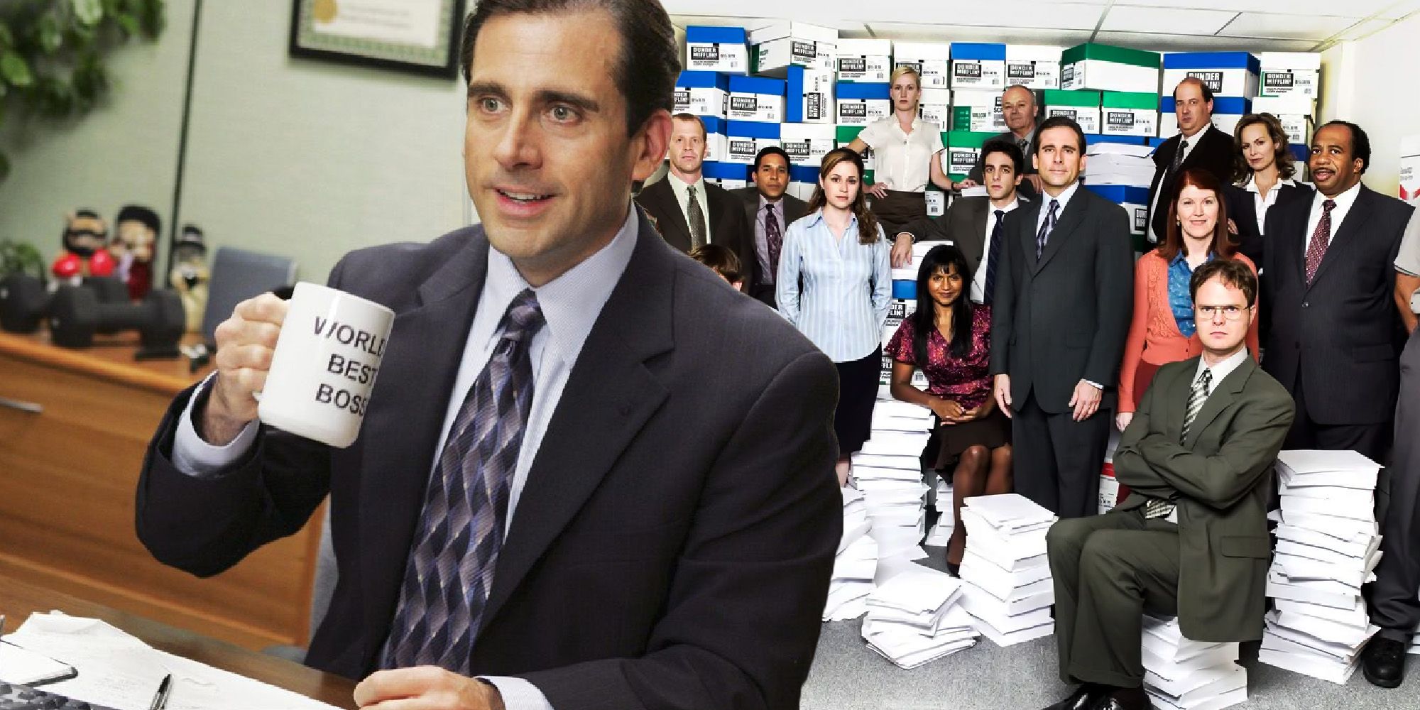 A composite image of Michael Scott in front of a cast photo of The Office