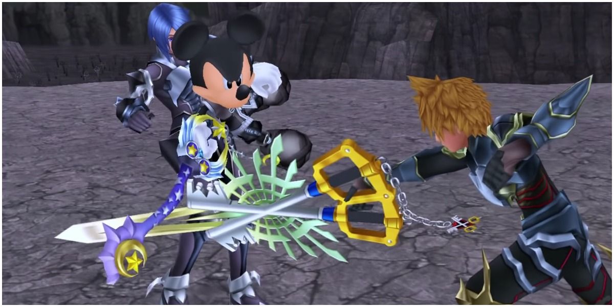 Mickey saves Aqua from Ventus-Vanitas in Kingdom Hearts Birth by Sleep