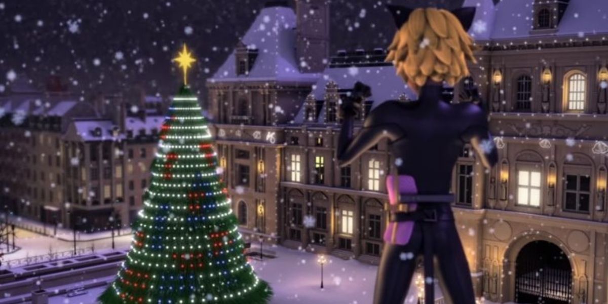 Cat Noir staring at a Christmas tree in Paris