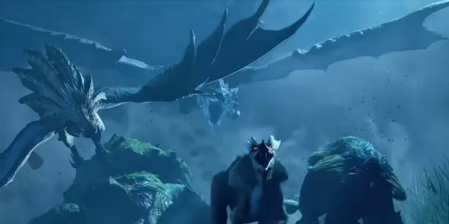 Monster Hunter Rise - three flying monsters in the dark