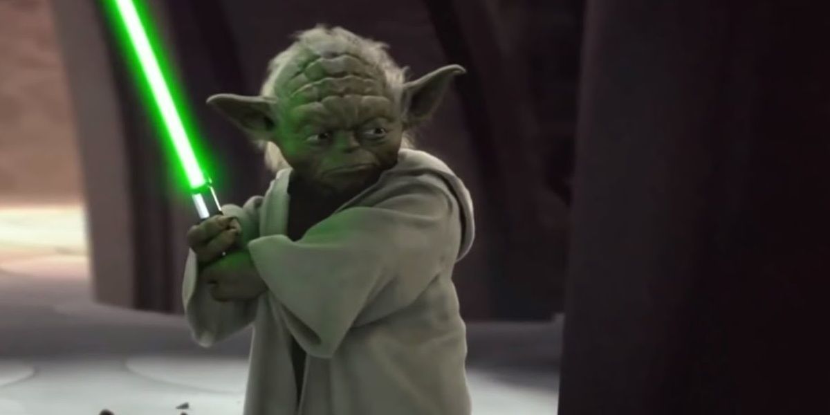 Yoda prepares for a lightsaber duel