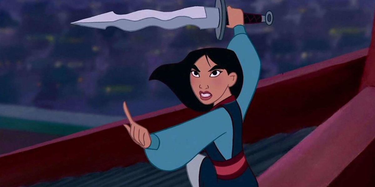 Mulan holding a sword on the rooftop in Mulan 