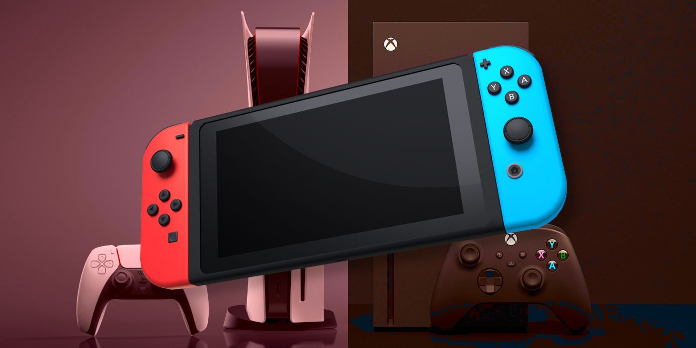 A Nintendo Switch superimposed on a split background showing both the PlayStation 5 and Xbox Series X alongside their respective controllers.