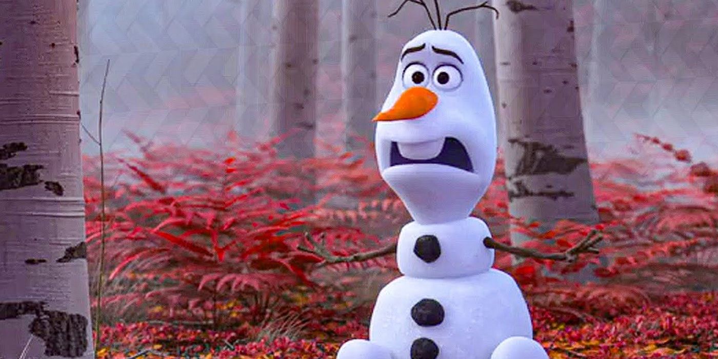 Olaf (voiced by Josh Gad) scared in the woods in Frozen II