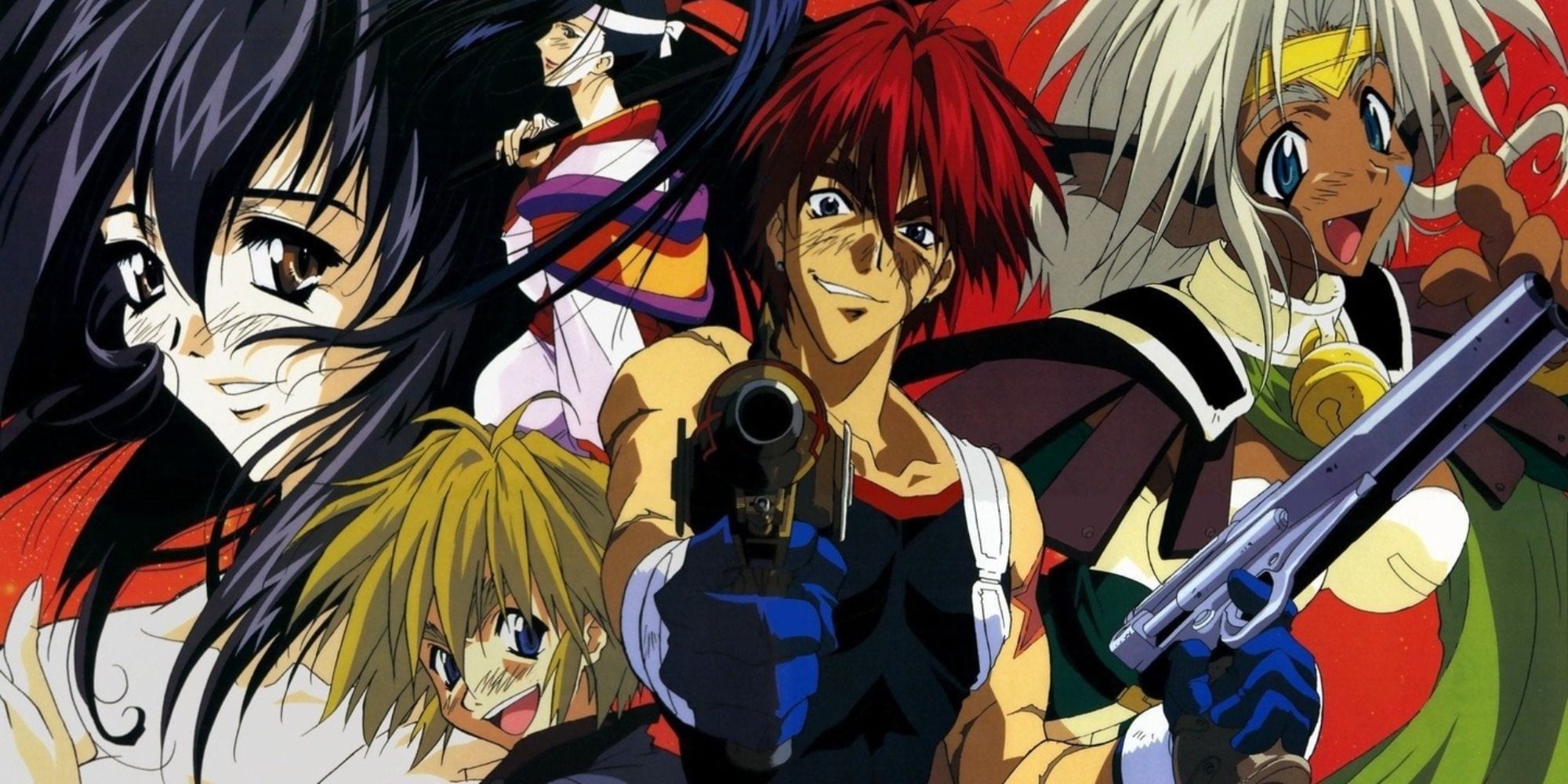 The cast of Outlaw Star posing together in the anime's poster