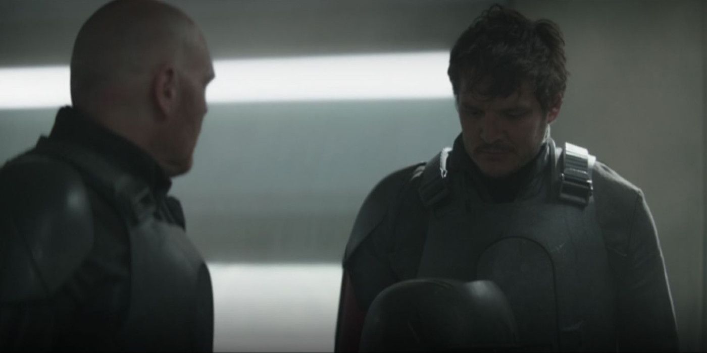 Pedro Pascal as Din Djarin Bill Burr as Mayfield Stormtrooper Helmet The Mandalorian