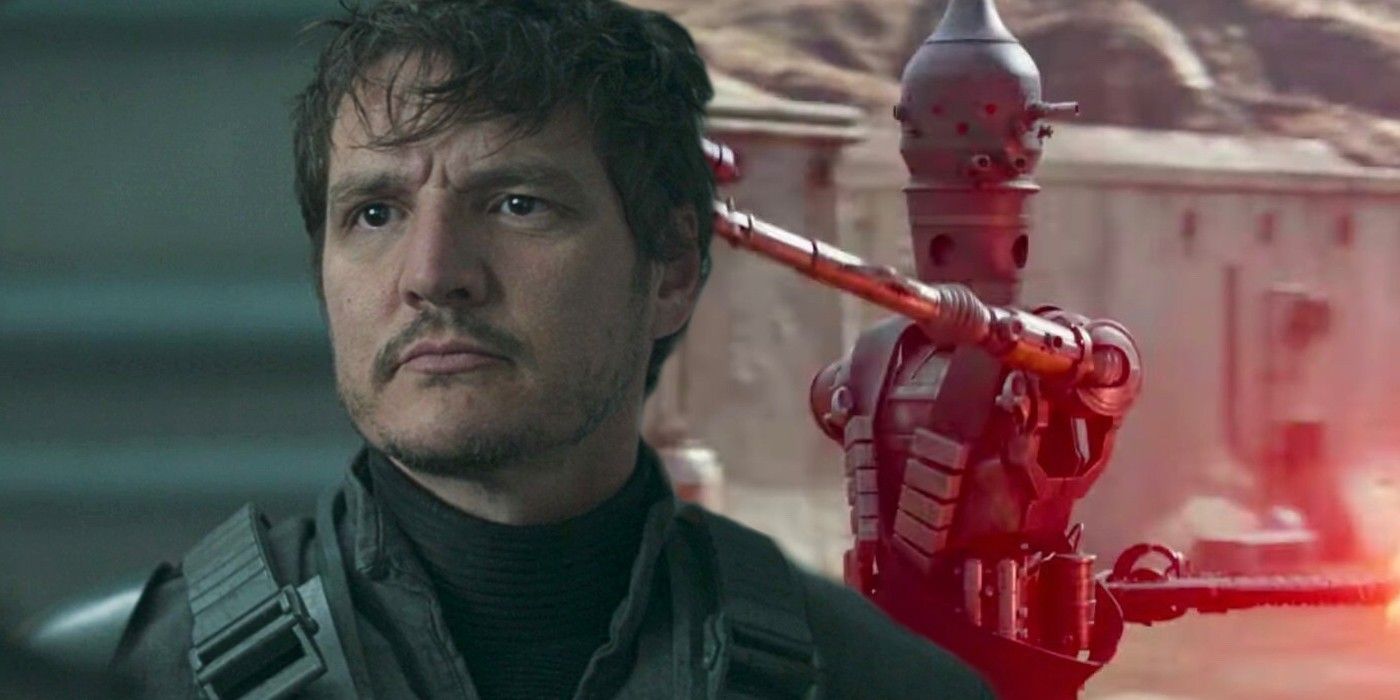 Pedro Pascal as Din Djarin and IG-11 in The Mandalorian